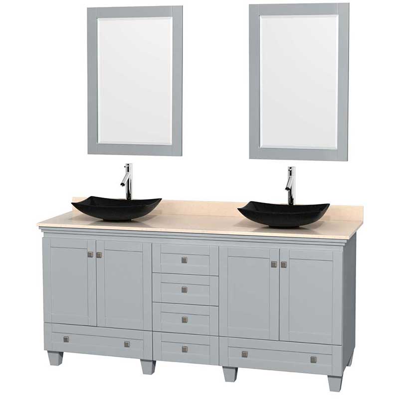 Acclaim 72" Double Bathroom Vanity in Oyster Gray, Ivory Marble Countertop, Arista Black Granite Sinks and 24" Mirrors