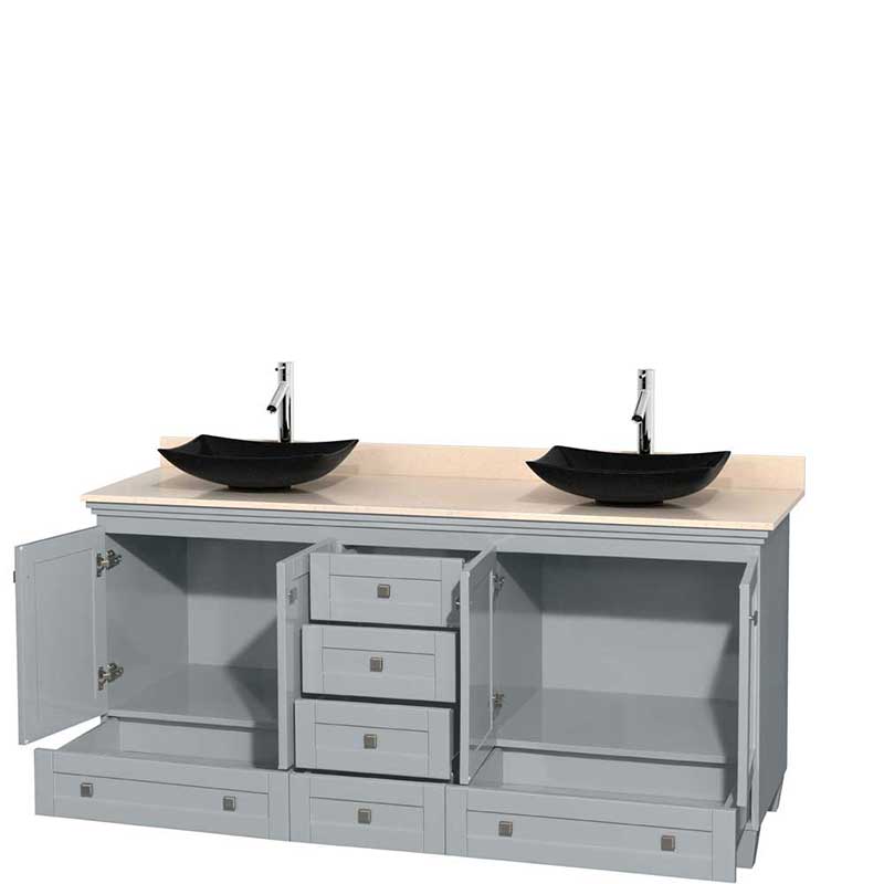 Acclaim 72" Double Bathroom Vanity in Oyster Gray, Ivory Marble Countertop, Arista Black Granite Sinks and No Mirrors 2