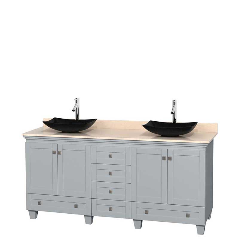 Acclaim 72" Double Bathroom Vanity in Oyster Gray, Ivory Marble Countertop, Arista Black Granite Sinks and No Mirrors