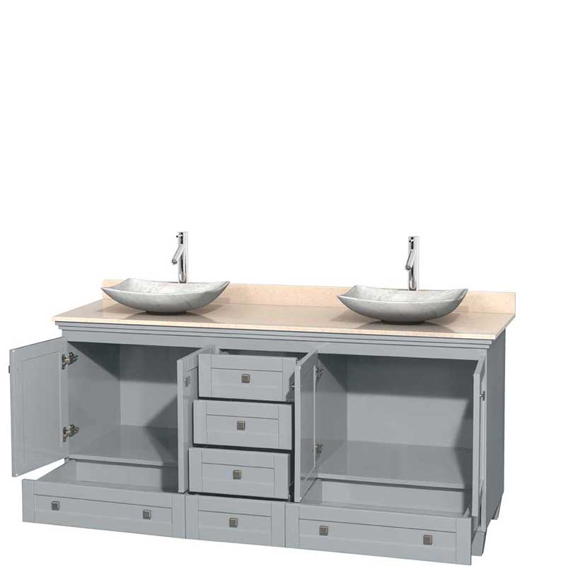 Acclaim 72" Double Bathroom Vanity in Oyster Gray, Ivory Marble Countertop, Arista White Carrera Marble Sinks and No Mirrors 2