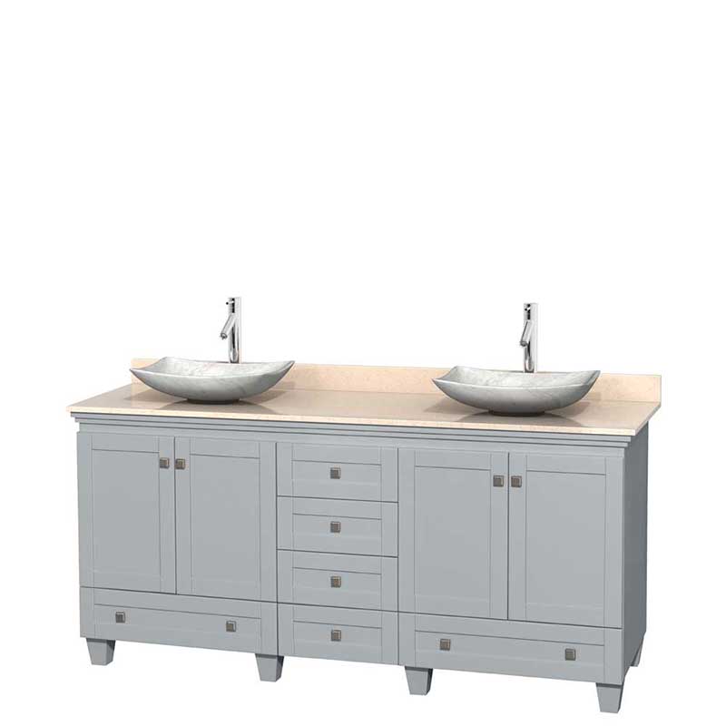 Acclaim 72" Double Bathroom Vanity in Oyster Gray, Ivory Marble Countertop, Arista White Carrera Marble Sinks and No Mirrors
