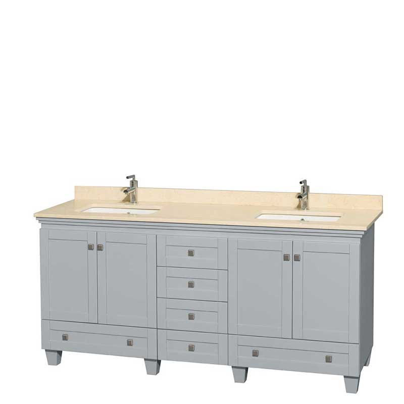Acclaim 72" Double Bathroom Vanity in Oyster Gray, Ivory Marble Countertop, Undermount Square Sinks and No Mirrors
