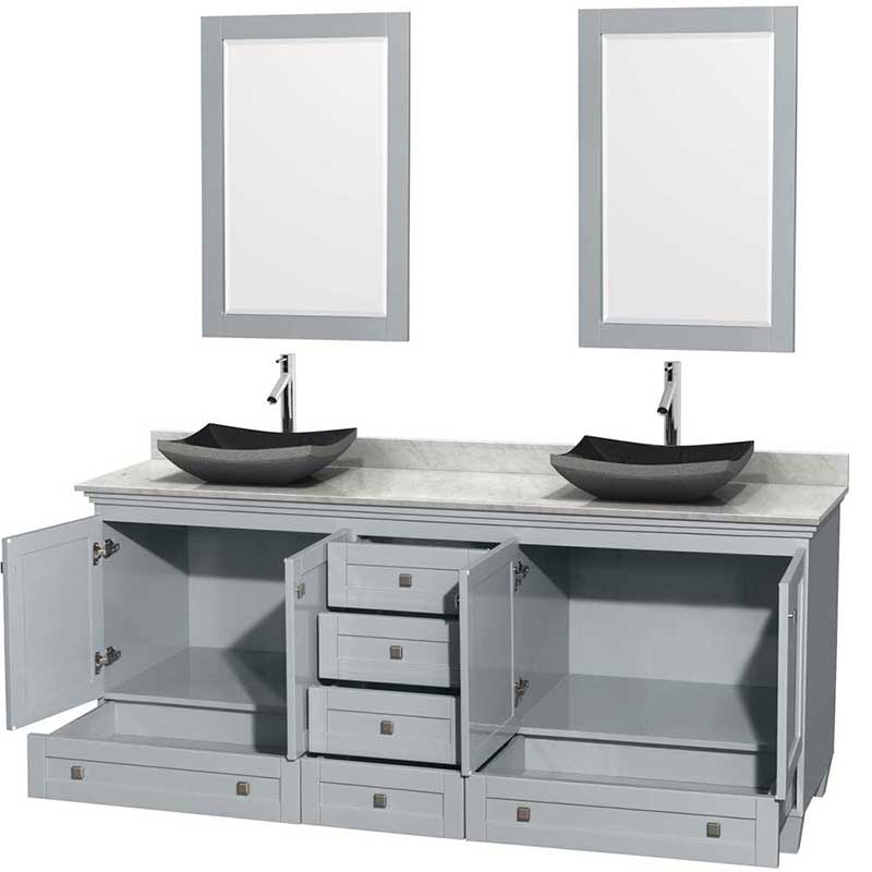 Acclaim 80" Double Bathroom Vanity in Oyster Gray, White Carrera Marble Countertop, Altair Black Granite Sinks and 24" Mirrors 2