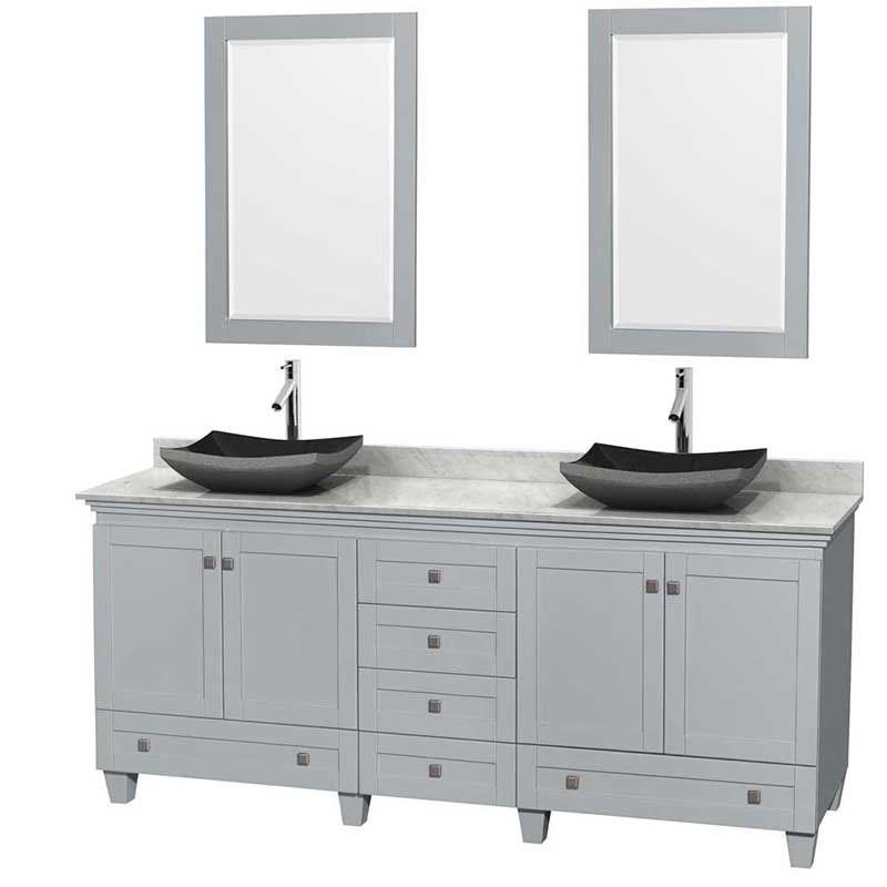 Acclaim 80" Double Bathroom Vanity in Oyster Gray, White Carrera Marble Countertop, Altair Black Granite Sinks and 24" Mirrors