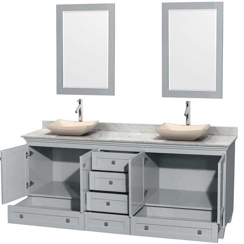 Acclaim 80" Double Bathroom Vanity in Oyster Gray, White Carrera Marble Countertop, Avalon Ivory Marble Sinks and 24" Mirrors 2
