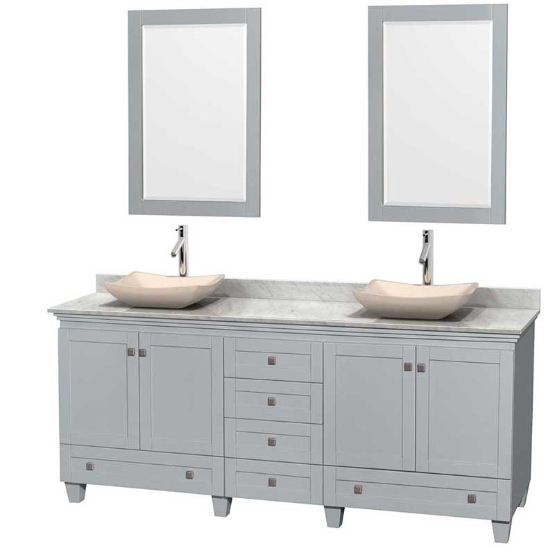 Acclaim 80" Double Bathroom Vanity in Oyster Gray, White Carrera Marble Countertop, Avalon Ivory Marble Sinks and 24" Mirrors