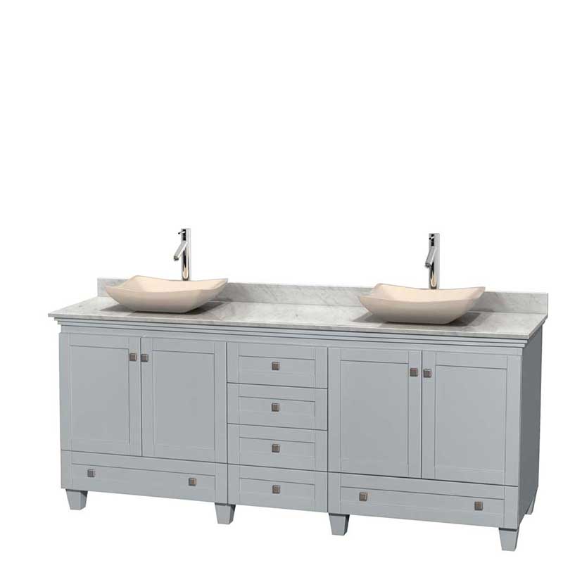 Acclaim 80" Double Bathroom Vanity in Oyster Gray, White Carrera Marble Countertop, Avalon Ivory Marble Sinks and No Mirrors