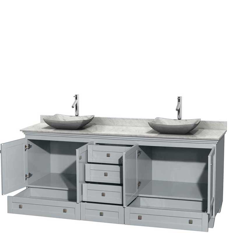 Acclaim 80" Double Bathroom Vanity in Oyster Gray, White Carrera Marble Countertop, Avalon White Carrera Marble Sinks and No Mirrors 2