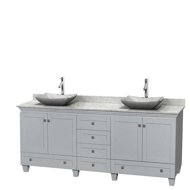 Acclaim 80" Double Bathroom Vanity in Oyster Gray, White Carrera Marble Countertop, Avalon White Carrera Marble Sinks and No Mirrors