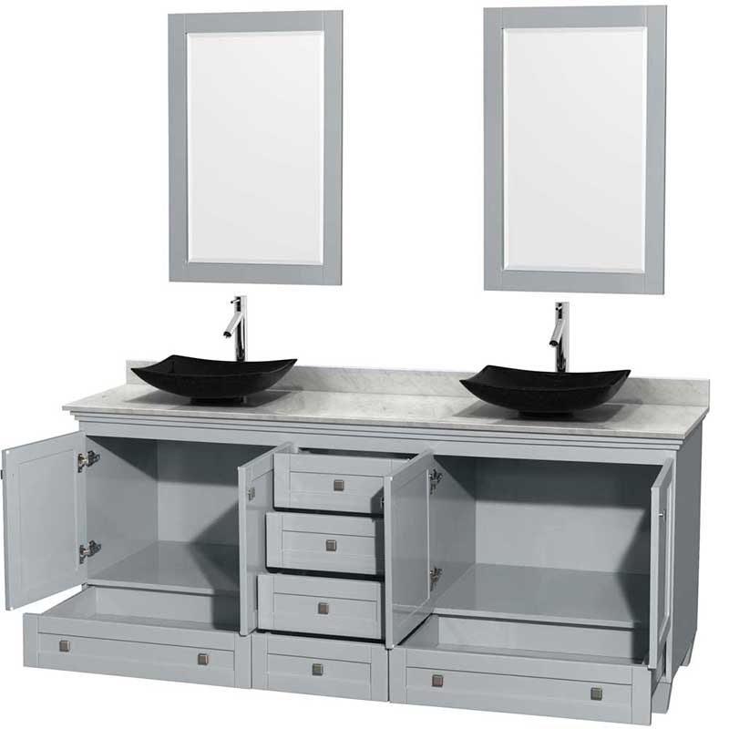 Acclaim 80" Double Bathroom Vanity in Oyster Gray, White Carrera Marble Countertop, Arista Black Granite Sinks and 24" Mirrors 2