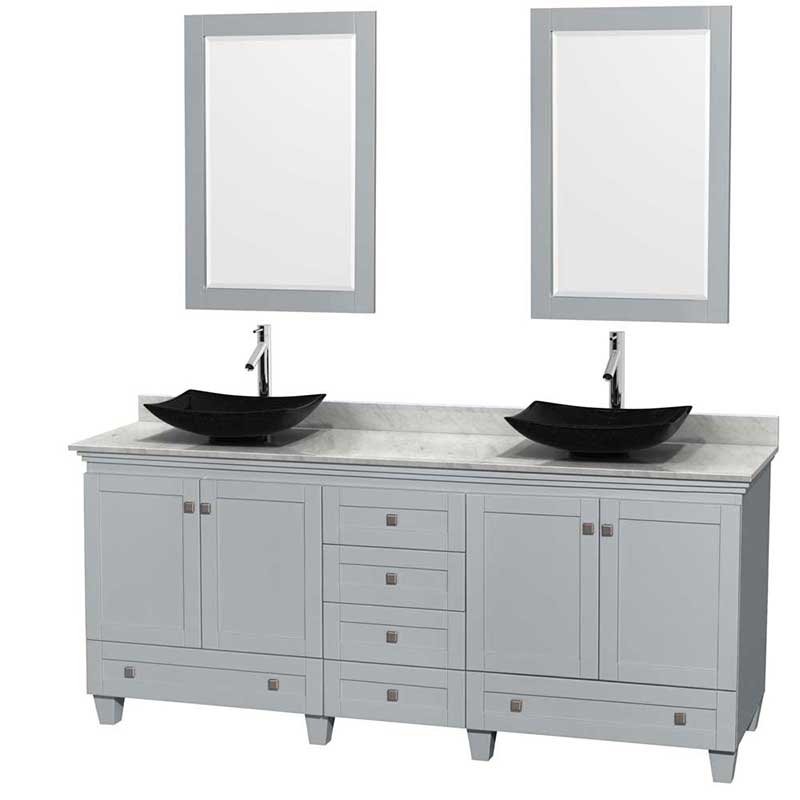 Acclaim 80" Double Bathroom Vanity in Oyster Gray, White Carrera Marble Countertop, Arista Black Granite Sinks and 24" Mirrors