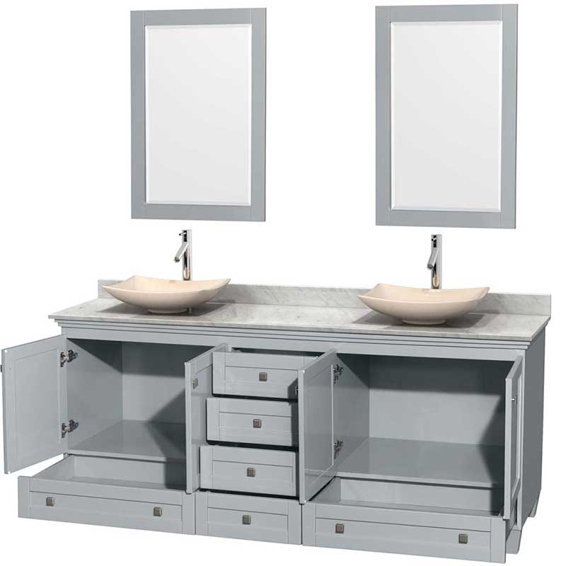 Acclaim 80" Double Bathroom Vanity in Oyster Gray, White Carrera Marble Countertop, Arista Ivory Marble Sinks and 24" Mirrors 2