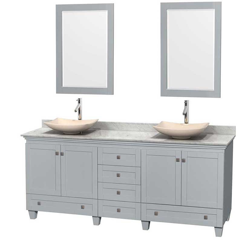 Acclaim 80" Double Bathroom Vanity in Oyster Gray, White Carrera Marble Countertop, Arista Ivory Marble Sinks and 24" Mirrors