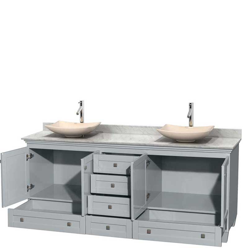 Acclaim 80" Double Bathroom Vanity in Oyster Gray, White Carrera Marble Countertop, Arista Ivory Marble Sinks and No Mirrors 2