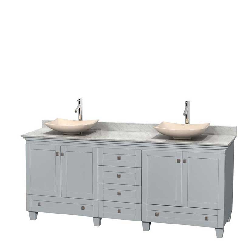 Acclaim 80" Double Bathroom Vanity in Oyster Gray, White Carrera Marble Countertop, Arista Ivory Marble Sinks and No Mirrors