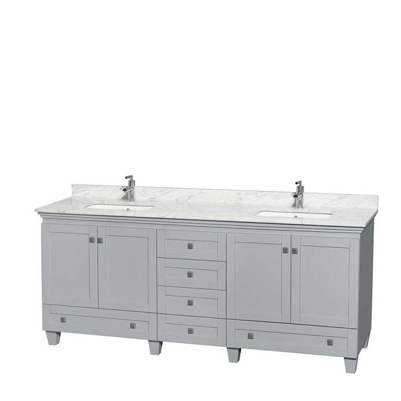 Acclaim 80" Double Bathroom Vanity in Oyster Gray, White Carrera Marble Countertop, Undermount Square Sinks and No Mirrors