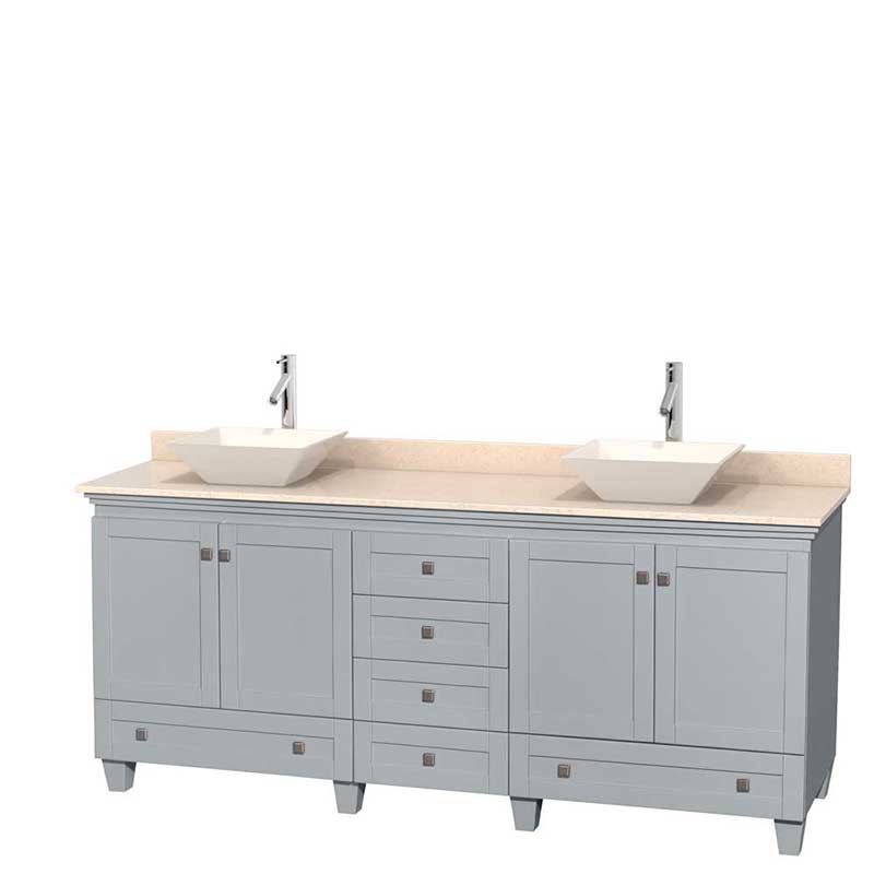Acclaim 80" Double Bathroom Vanity in Oyster Gray, Ivory Marble Countertop, Pyra Bone Porcelain Sinks and No Mirrors