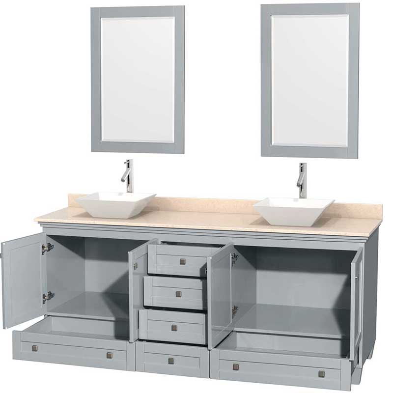 Acclaim 80" Double Bathroom Vanity in Oyster Gray, Ivory Marble Countertop, Pyra White Porcelain Sinks and 24" Mirrors 2