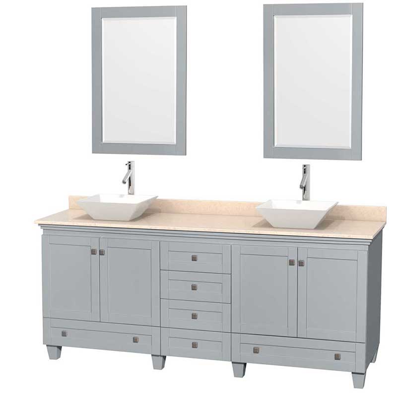 Acclaim 80" Double Bathroom Vanity in Oyster Gray, Ivory Marble Countertop, Pyra White Porcelain Sinks and 24" Mirrors
