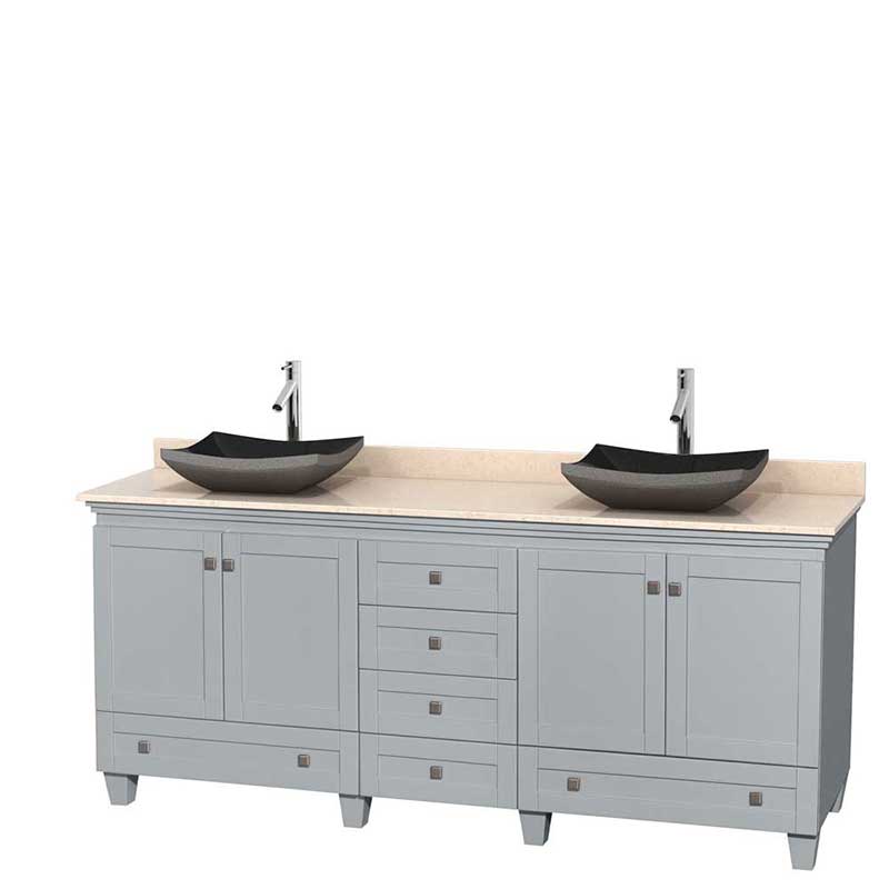 Acclaim 80" Double Bathroom Vanity in Oyster Gray, Ivory Marble Countertop, Altair Black Granite Sinks and No Mirrors