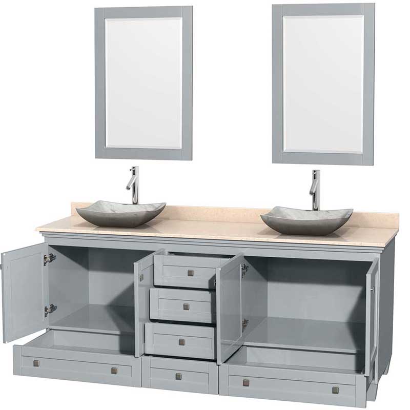 Acclaim 80" Double Bathroom Vanity in Oyster Gray, Ivory Marble Countertop, Avalon White Carrera Marble Sinks and 24" Mirrors 2