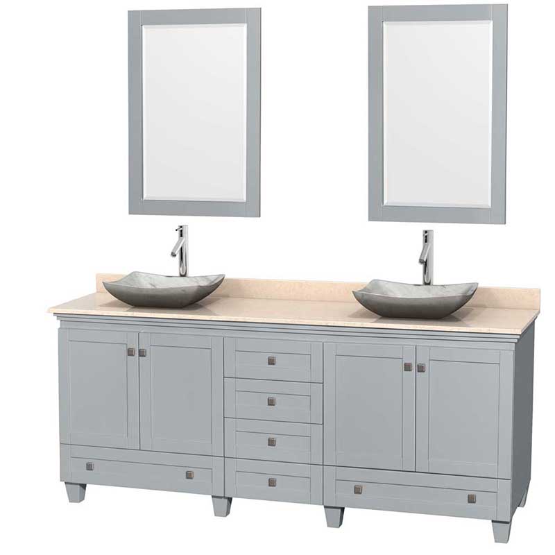 Acclaim 80" Double Bathroom Vanity in Oyster Gray, Ivory Marble Countertop, Avalon White Carrera Marble Sinks and 24" Mirrors