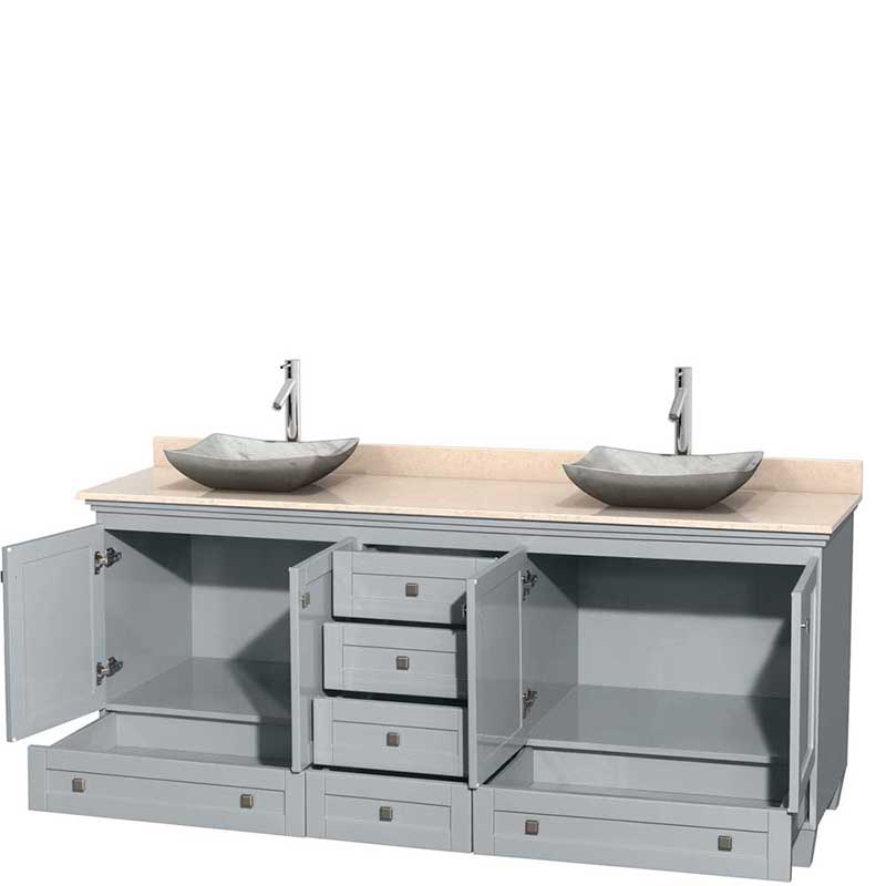 Acclaim 80" Double Bathroom Vanity in Oyster Gray, Ivory Marble Countertop, Avalon White Carrera Marble Sinks and No Mirrors 2
