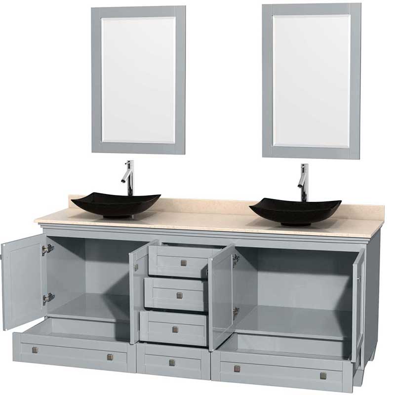 Acclaim 80" Double Bathroom Vanity in Oyster Gray, Ivory Marble Countertop, Arista Black Granite Sinks and 24" Mirrors 2