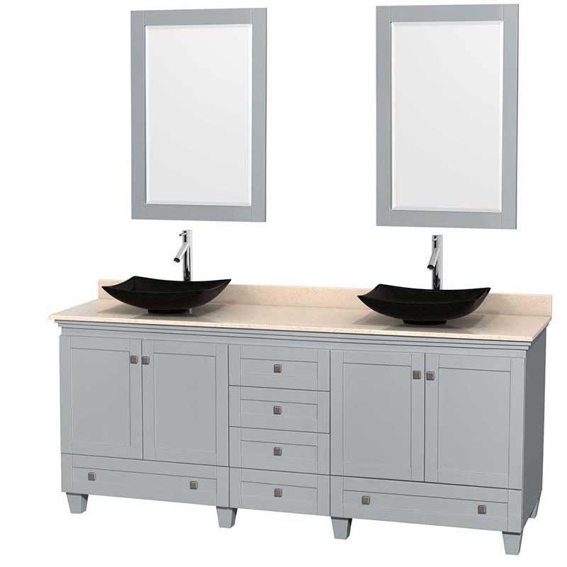 Acclaim 80" Double Bathroom Vanity in Oyster Gray, Ivory Marble Countertop, Arista Black Granite Sinks and 24" Mirrors