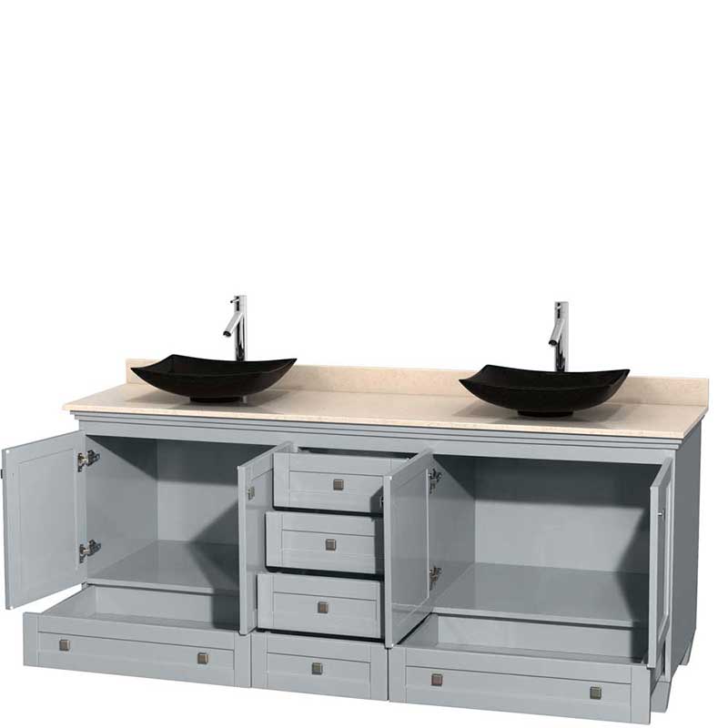 Acclaim 80" Double Bathroom Vanity in Oyster Gray, Ivory Marble Countertop, Arista Black Granite Sinks and No Mirrors 2
