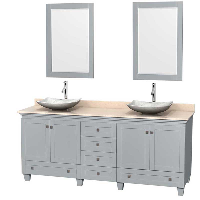 Acclaim 80" Double Bathroom Vanity in Oyster Gray, Ivory Marble Countertop, Arista White Carrera Marble Sinks and 24" Mirrors