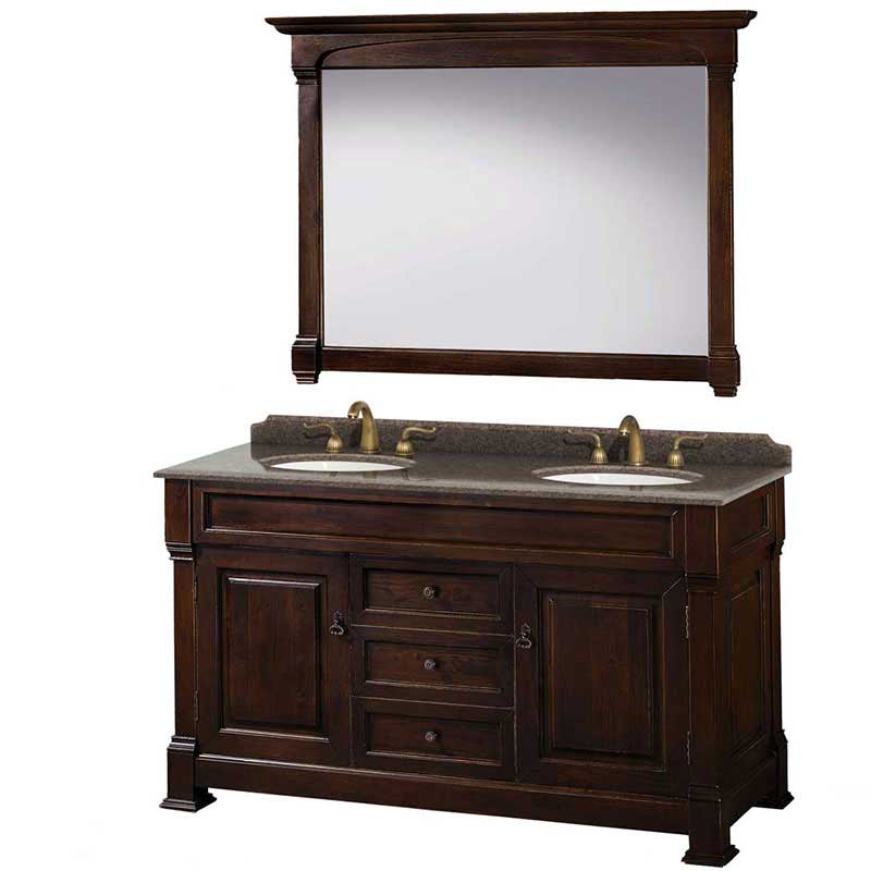 Andover 60" Double Bathroom Vanity in Dark Cherry, Imperial Brown Granite Countertop, Undermount Oval Sinks and 56" Mirror