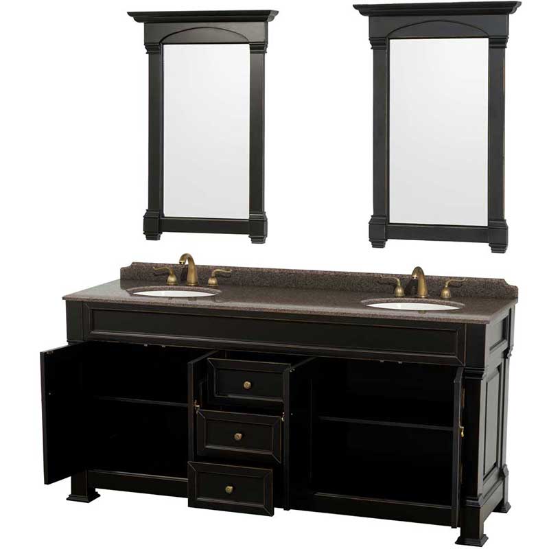 Andover 72" Double Bathroom Vanity in Black, Imperial Brown Granite Countertop, Undermount Oval Sinks and 28" Mirrors 2