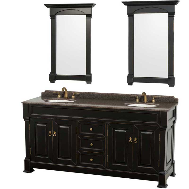 Andover 72" Double Bathroom Vanity in Black, Imperial Brown Granite Countertop, Undermount Oval Sinks and 28" Mirrors