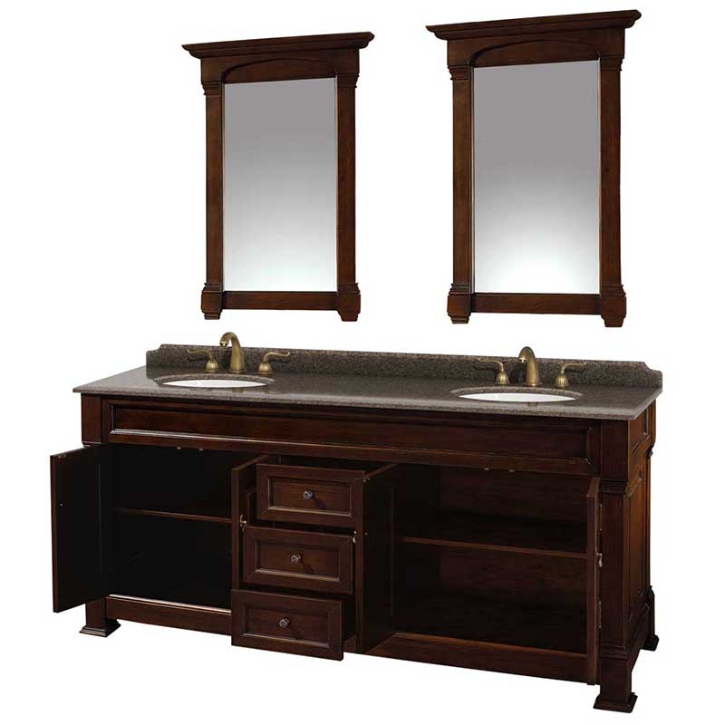 Andover 72" Double Bathroom Vanity in Dark Cherry, Imperial Brown Granite Countertop, Undermount Oval Sinks and 28" Mirrors 2