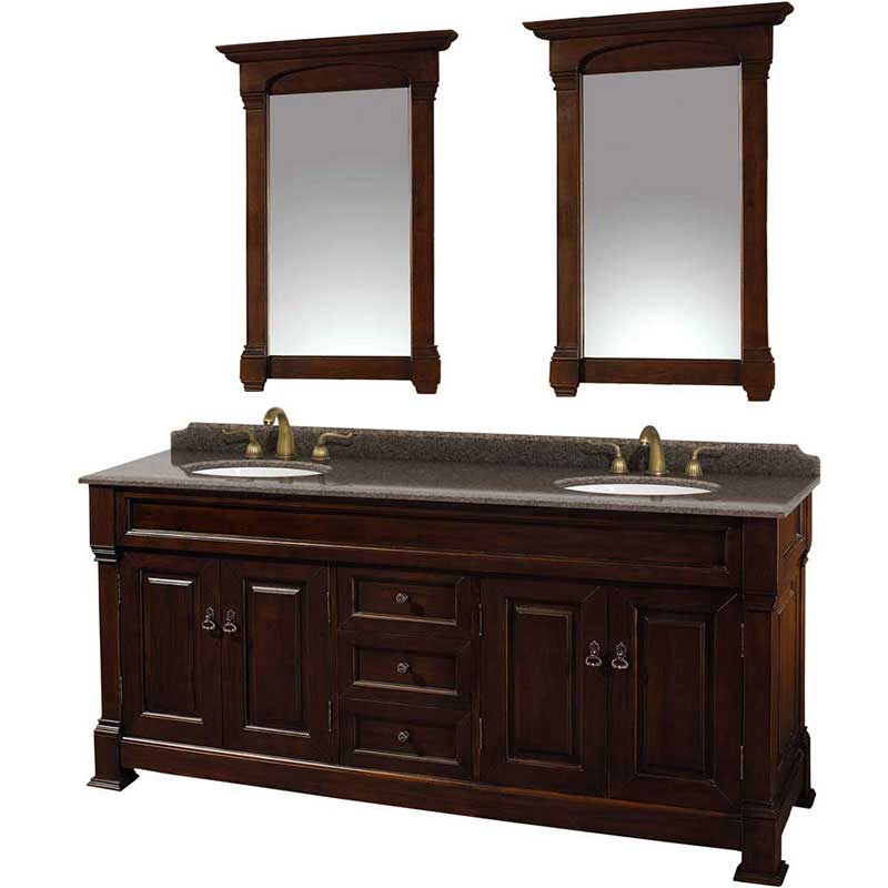 Andover 72" Double Bathroom Vanity in Dark Cherry, Imperial Brown Granite Countertop, Undermount Oval Sinks and 28" Mirrors