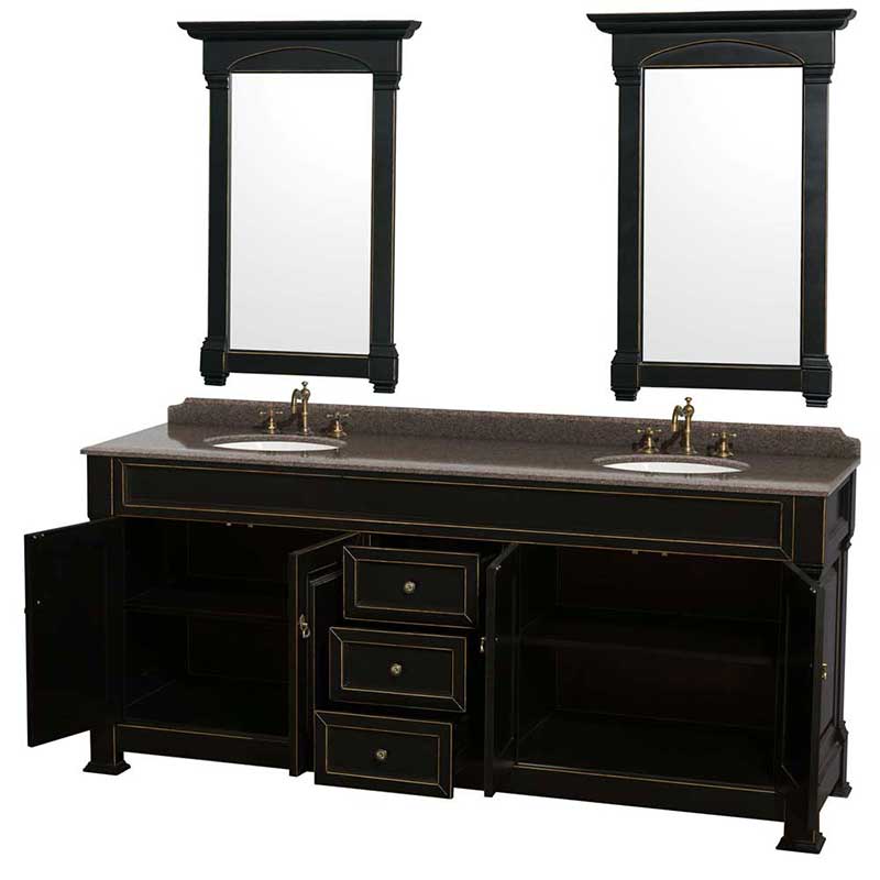 Andover 80" Double Bathroom Vanity in Black, Imperial Brown Granite Countertop, Undermount Oval Sinks and 28" Mirrors 2
