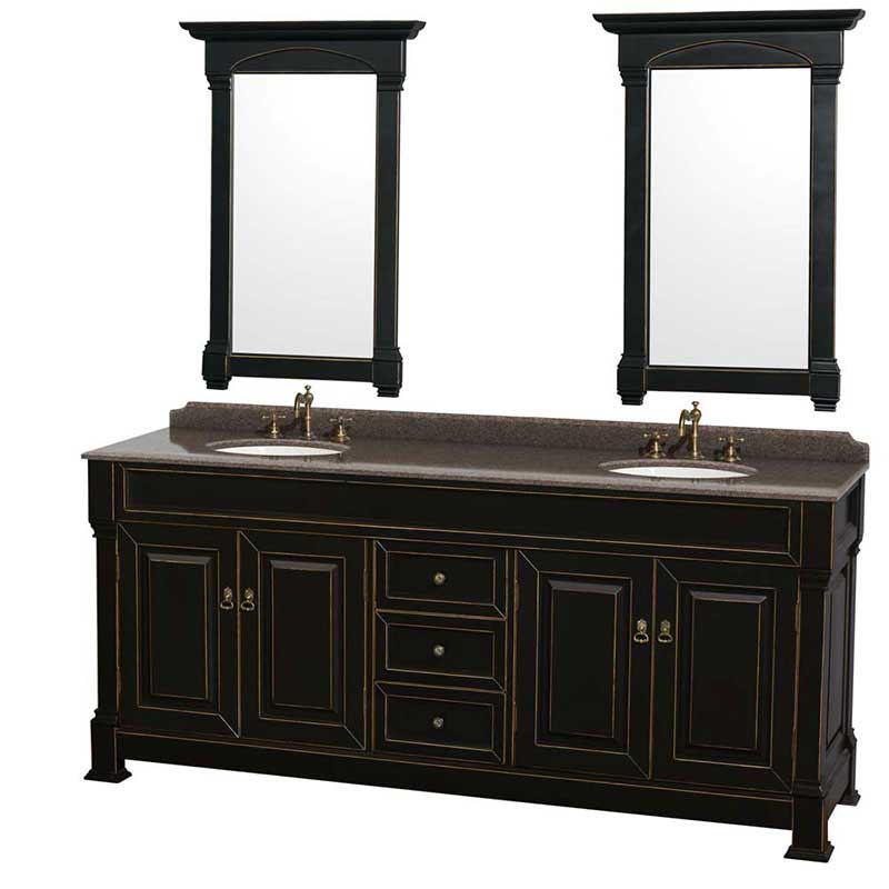Andover 80" Double Bathroom Vanity in Black, Imperial Brown Granite Countertop, Undermount Oval Sinks and 28" Mirrors