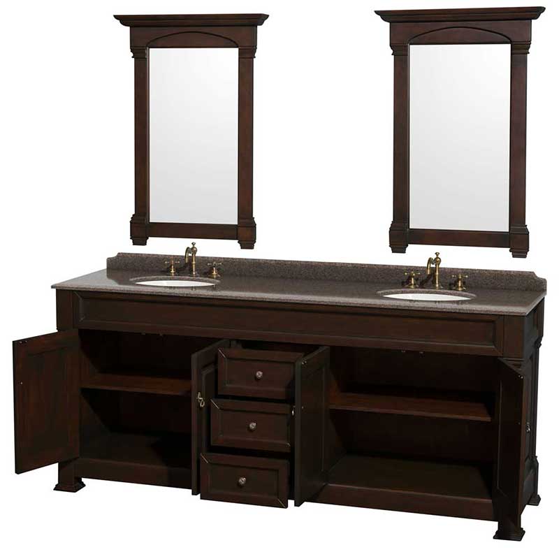 Andover 80" Double Bathroom Vanity in Dark Cherry, Imperial Brown Granite Countertop, Undermount Oval Sinks and 28" Mirrors 2