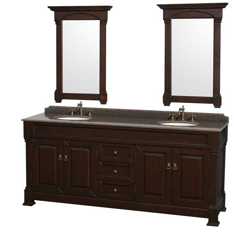 Andover 80" Double Bathroom Vanity in Dark Cherry, Imperial Brown Granite Countertop, Undermount Oval Sinks and 28" Mirrors