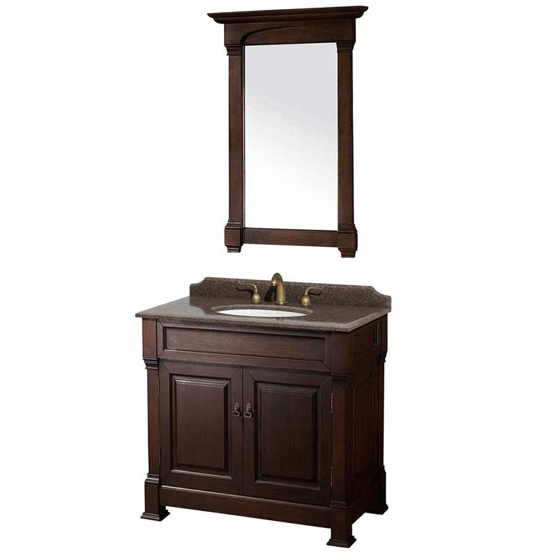 Andover 36" Single Bathroom Vanity in Dark Cherry, Imperial Brown Granite Countertop, Undermount Oval Sink and 28" Mirror