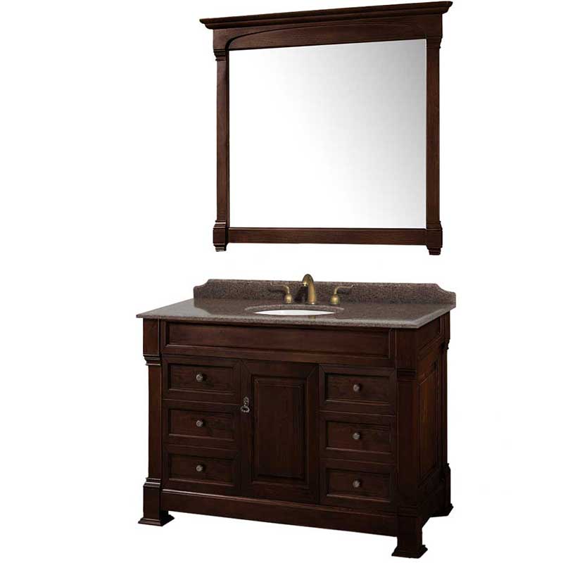 Andover 48" Single Bathroom Vanity in Dark Cherry, Imperial Brown Granite Countertop, Undermount Oval Sink and 44" Mirror