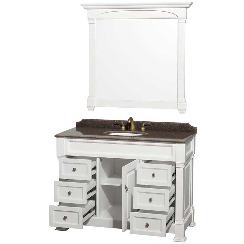 Andover 48" Single Bathroom Vanity in White, Imperial Brown Granite Countertop, Undermount Oval Sink and 44" Mirror 2