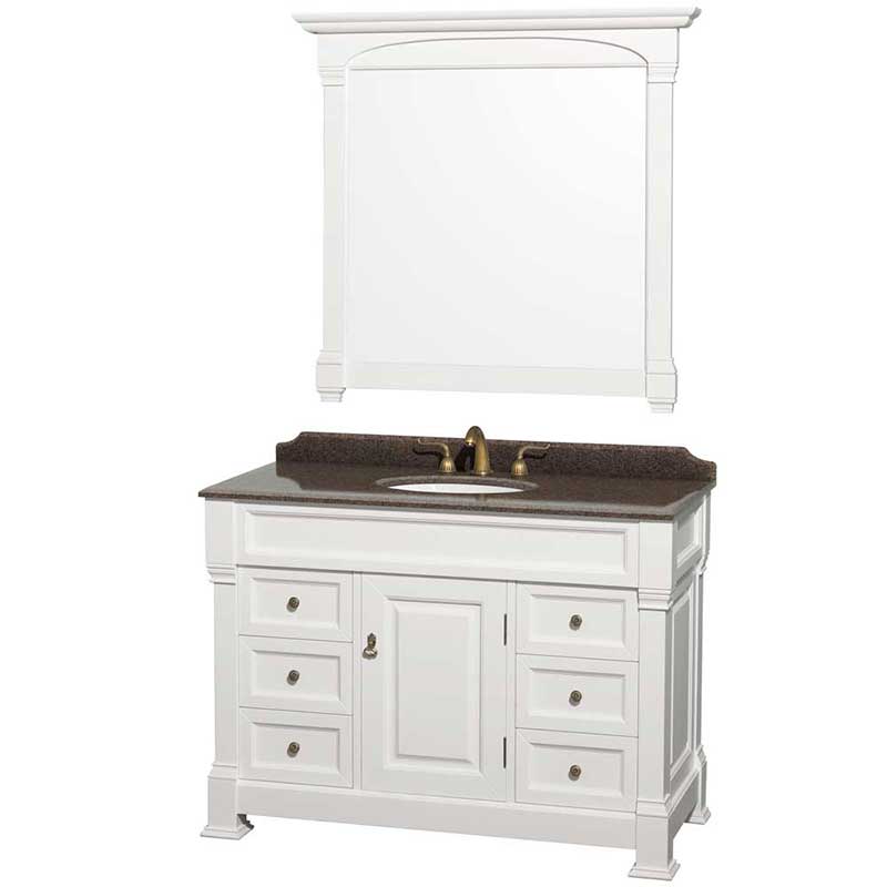 Andover 48" Single Bathroom Vanity in White, Imperial Brown Granite Countertop, Undermount Oval Sink and 44" Mirror
