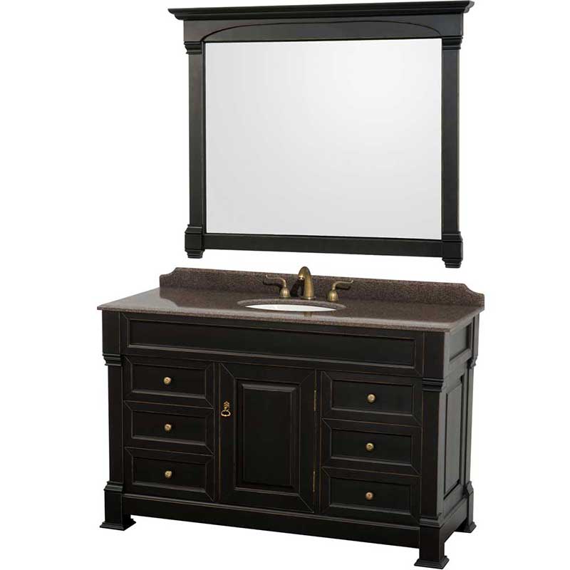 Andover 55" Single Bathroom Vanity in Black, Imperial Brown Granite Countertop, Undermount Oval Sink and 50" Mirror