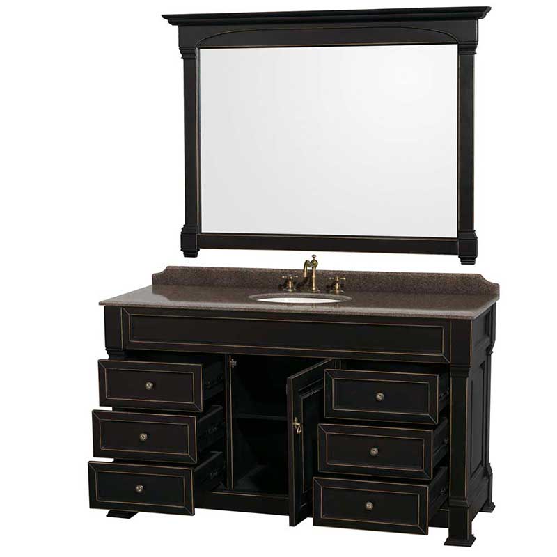 Andover 60" Single Bathroom Vanity in Black, Imperial Brown Granite Countertop, Undermount Oval Sink and 56" Mirror 2