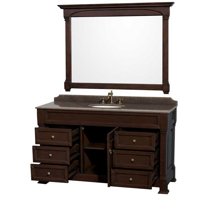 Andover 60" Single Bathroom Vanity in Dark Cherry, Imperial Brown Granite Countertop, Undermount Oval Sink and 56" Mirror 2