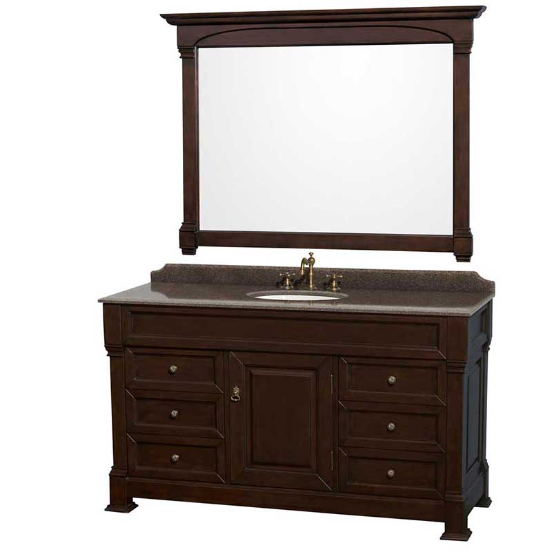 Andover 60" Single Bathroom Vanity in Dark Cherry, Imperial Brown Granite Countertop, Undermount Oval Sink and 56" Mirror