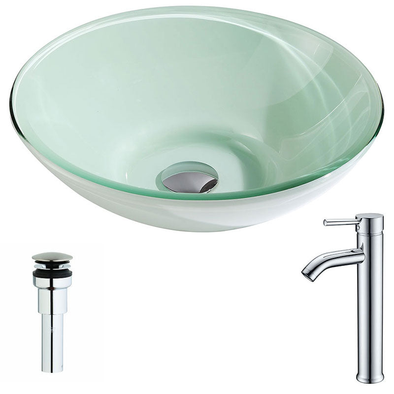 Anzzi Sonata Series Deco-Glass Vessel Sink in Lustrous Light Green Finish with Fann Faucet in Chrome