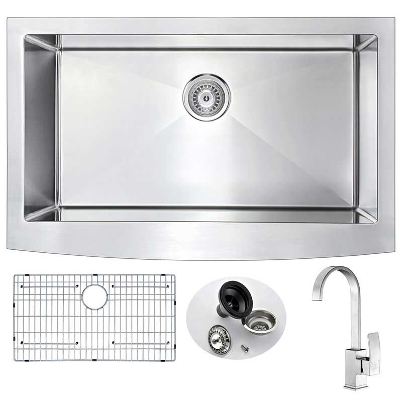 Anzzi ELYSIAN Farmhouse Stainless Steel 36 in. 0-Hole Kitchen Sink and Faucet Set with Opus Faucet in Brushed Nickel